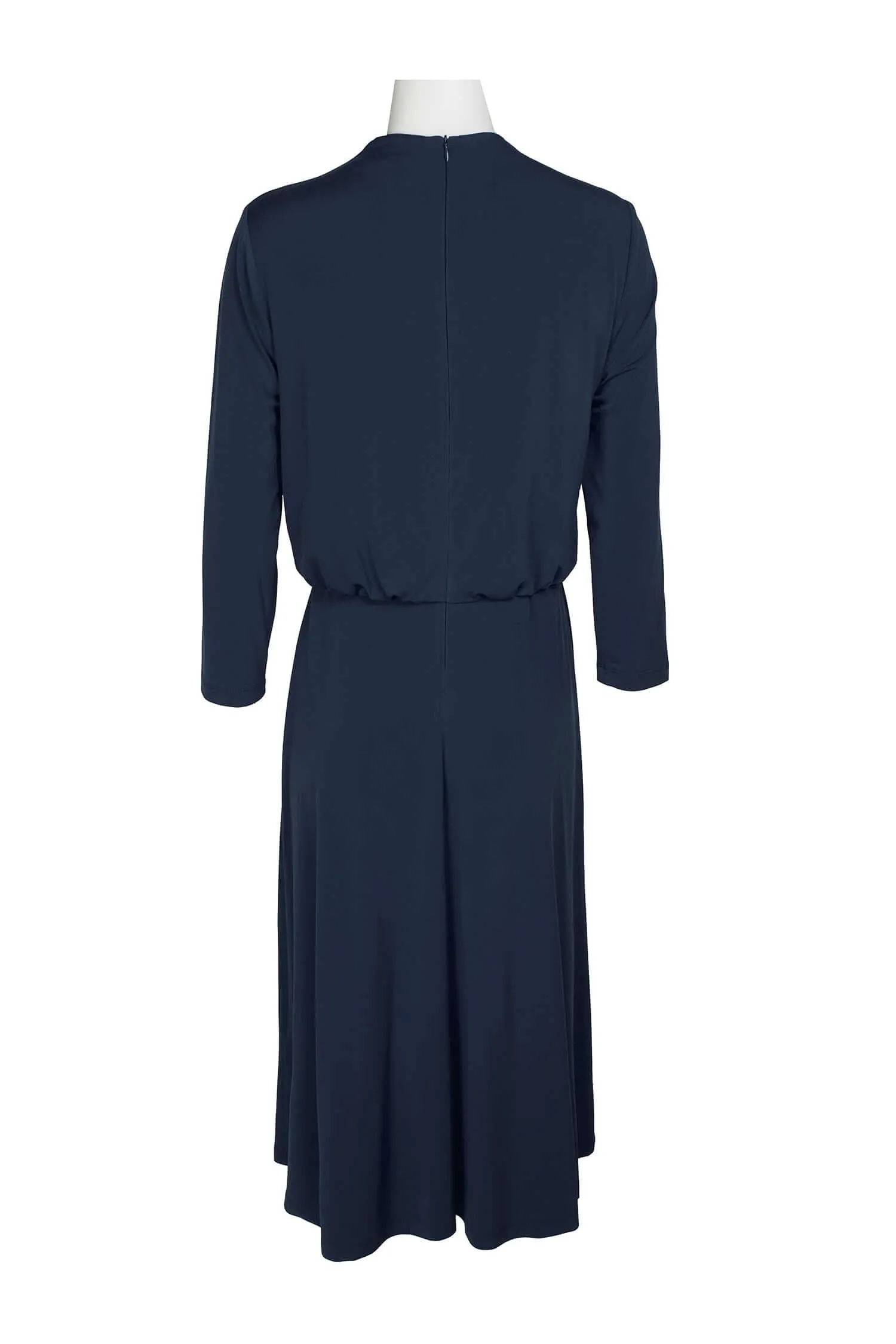 London Times Crew Neck Side Shirred Button Neck Blouson ITY Midi Dress