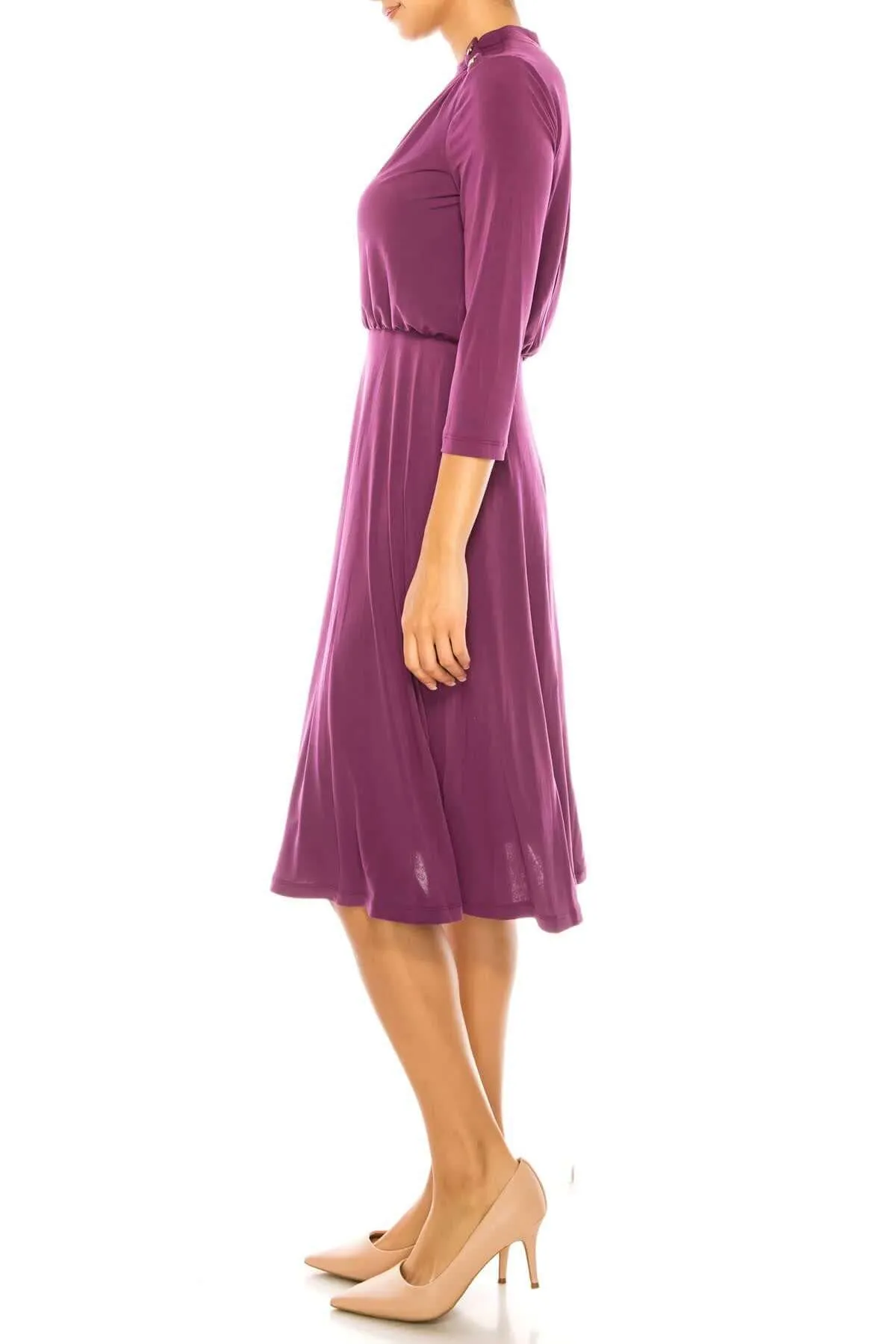 London Times Crew Neck Side Shirred Button Neck Blouson ITY Midi Dress