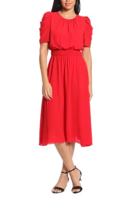 London Times Shirred Jewel Neck Puff Sleeve Midi Dress