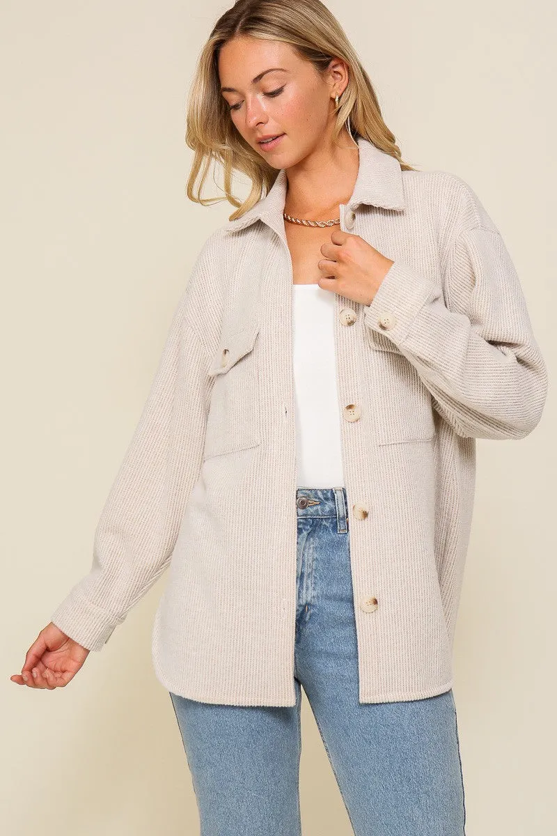 LONG SLEEVE BUTTON DOWN BRUSHED WAFFLE SHACKET