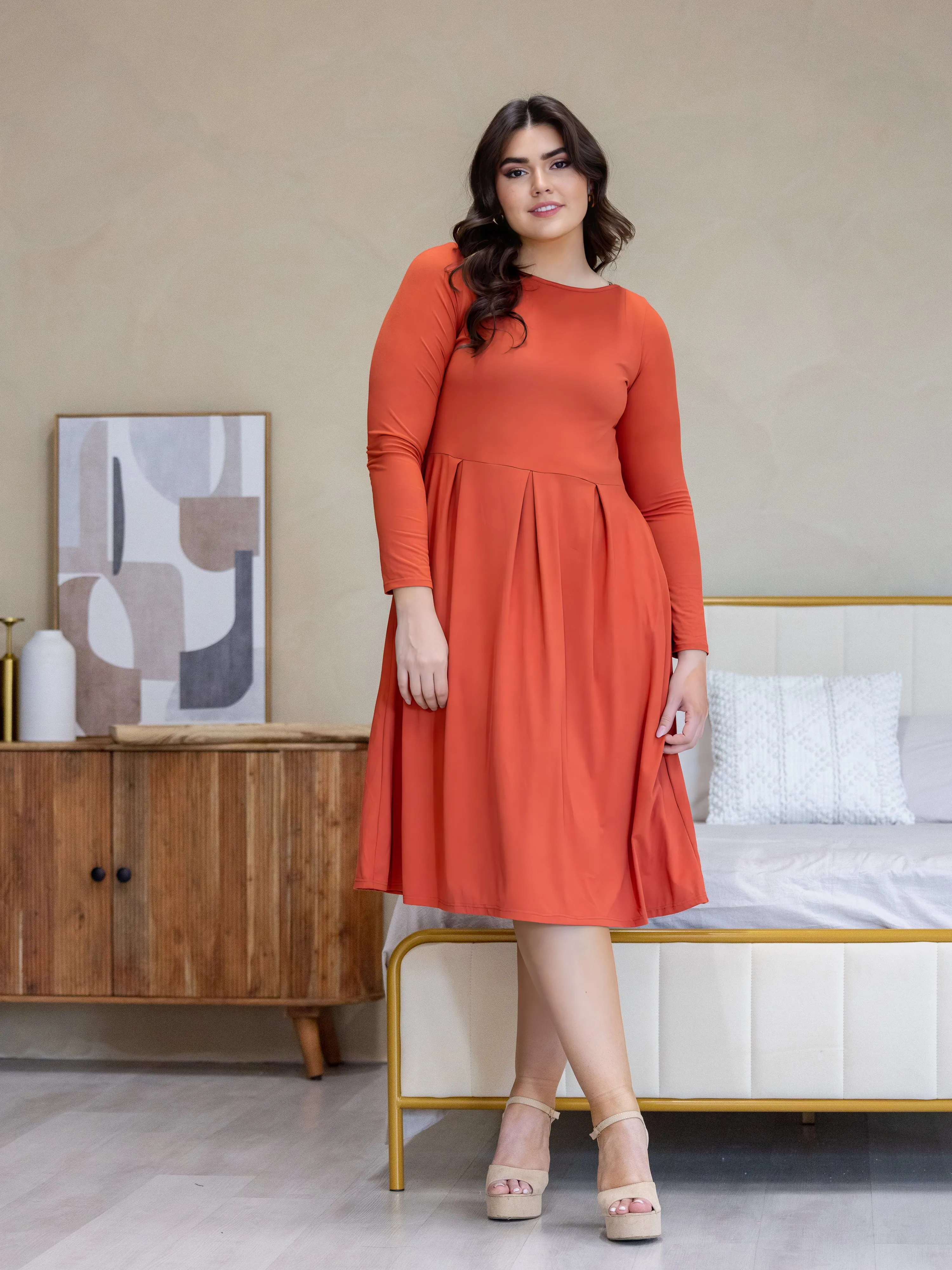 Long Sleeve Fit and Flare Plus Size Midi Dress