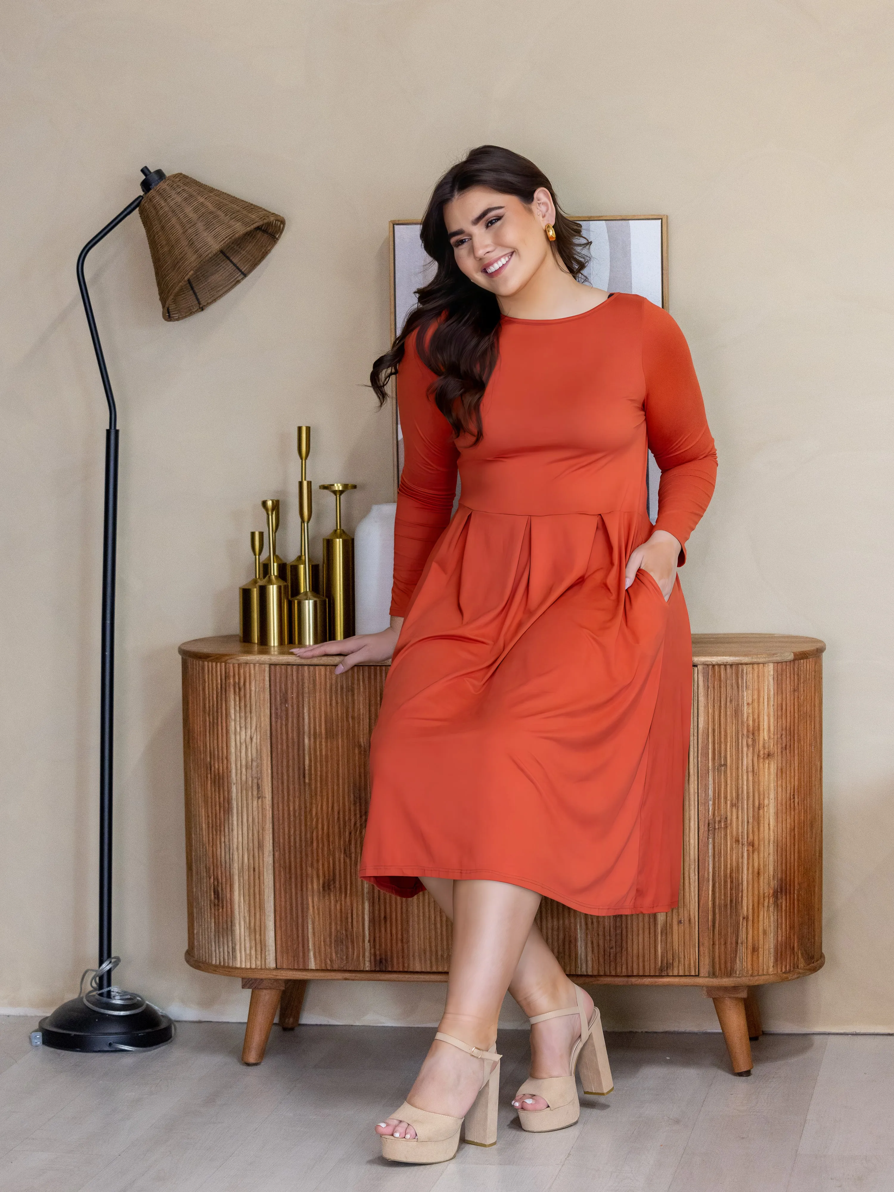 Long Sleeve Fit and Flare Plus Size Midi Dress