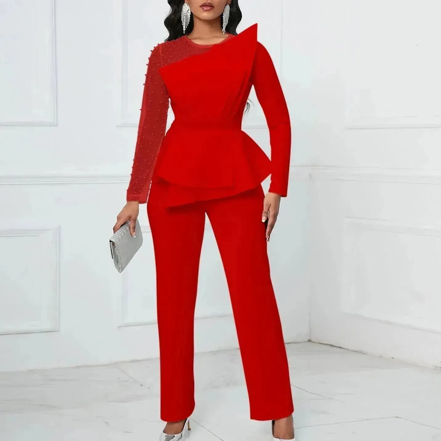 Long Sleeve Mesh Splicing Beads Banquet Plus Size Jumpsuit