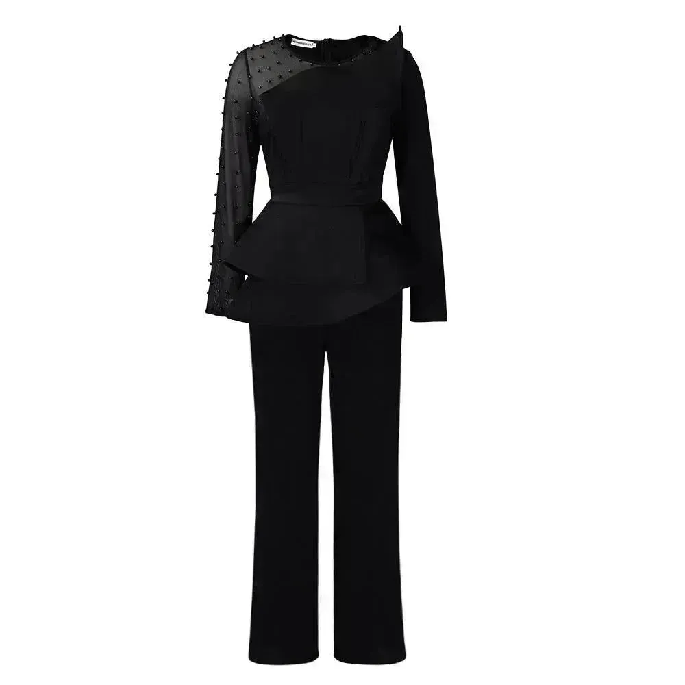 Long Sleeve Mesh Splicing Beads Banquet Plus Size Jumpsuit