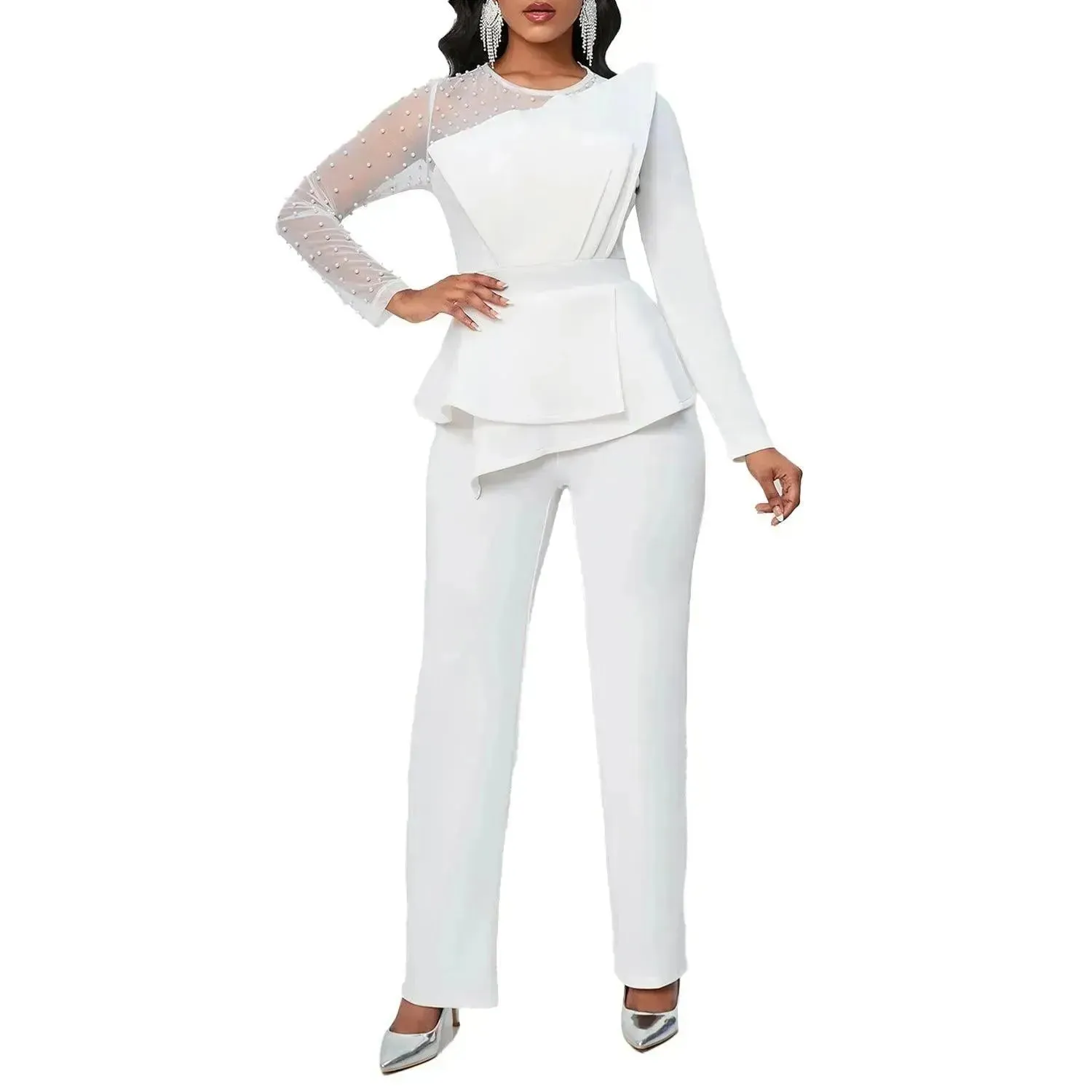 Long Sleeve Mesh Splicing Beads Banquet Plus Size Jumpsuit