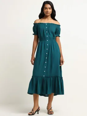 LOV Teal Off-Shoulder Blended Linen Midi Dress