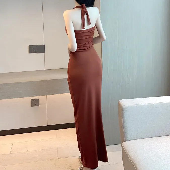 Low-Cut V-Neck Lace-Up Open Back Slit Dress