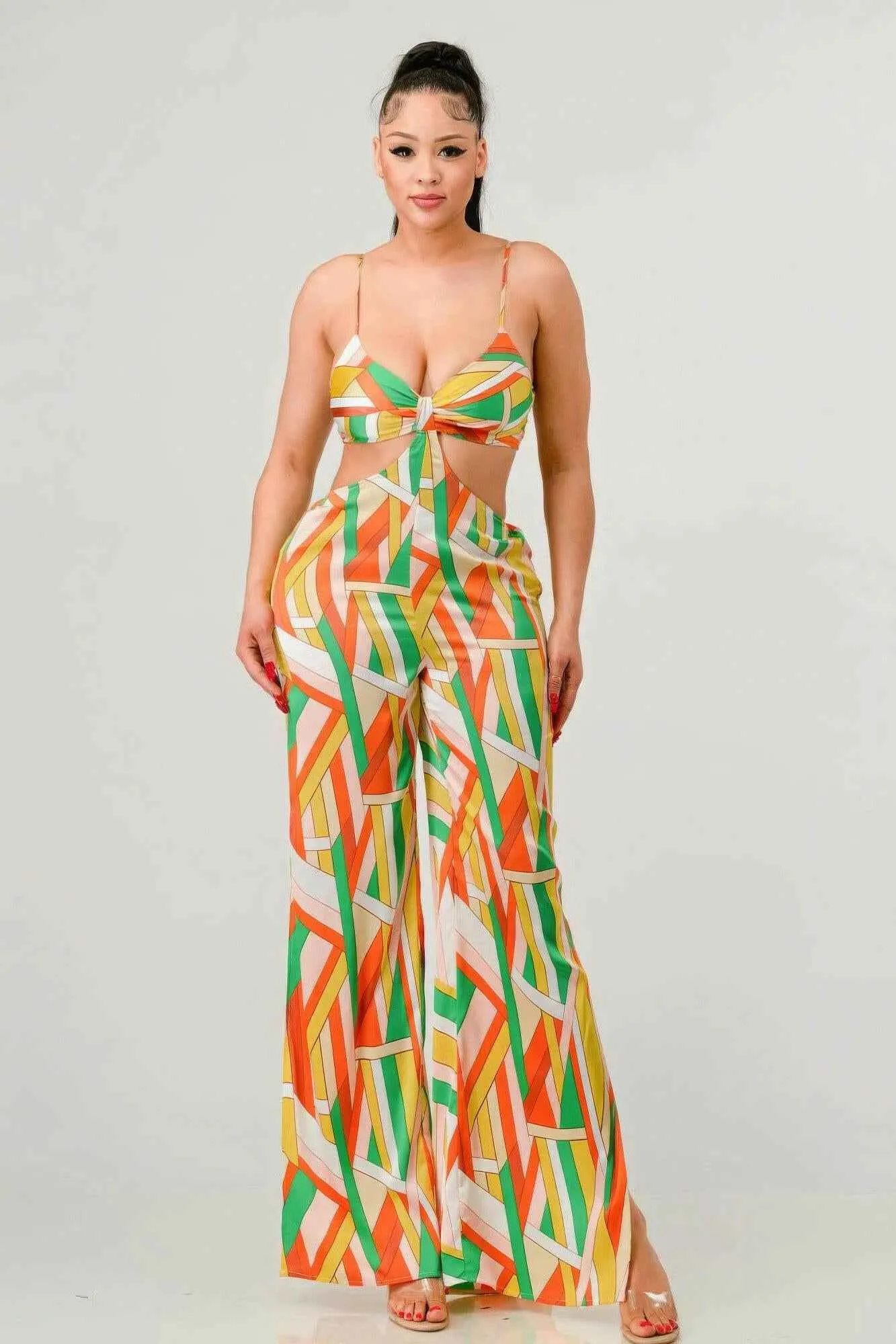 Luxe geo print satin bra top and palazzo jumpsuit