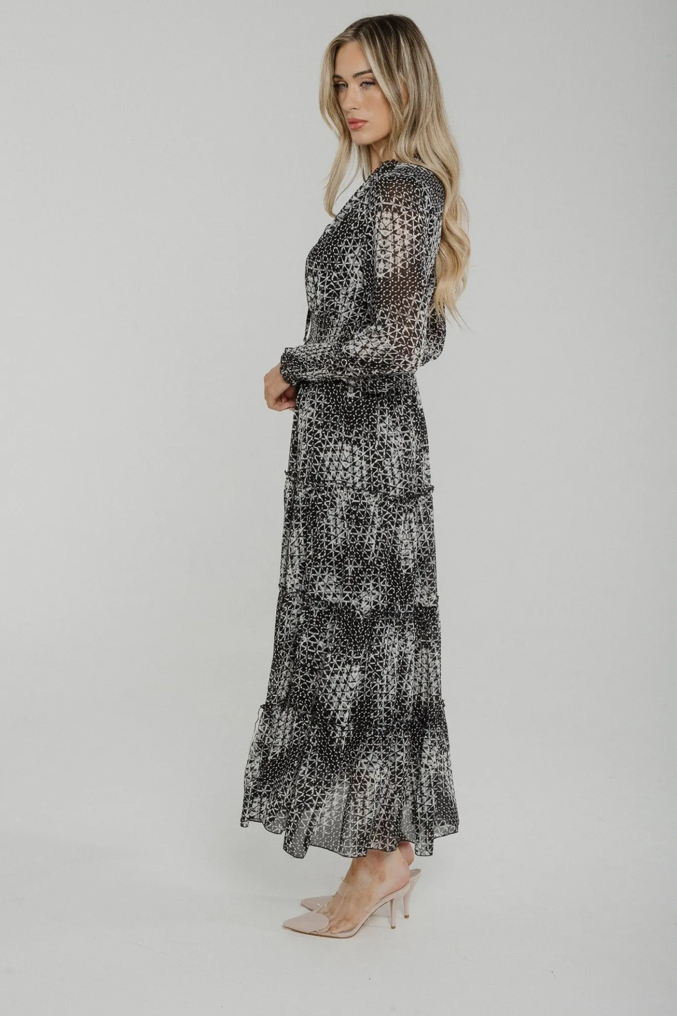 Lydia Tiered Midi Dress In Black Print