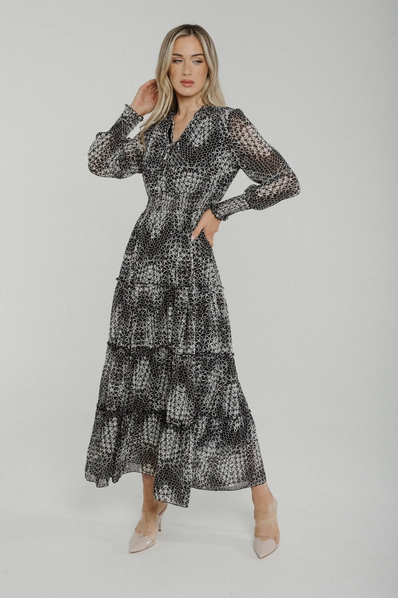 Lydia Tiered Midi Dress In Black Print