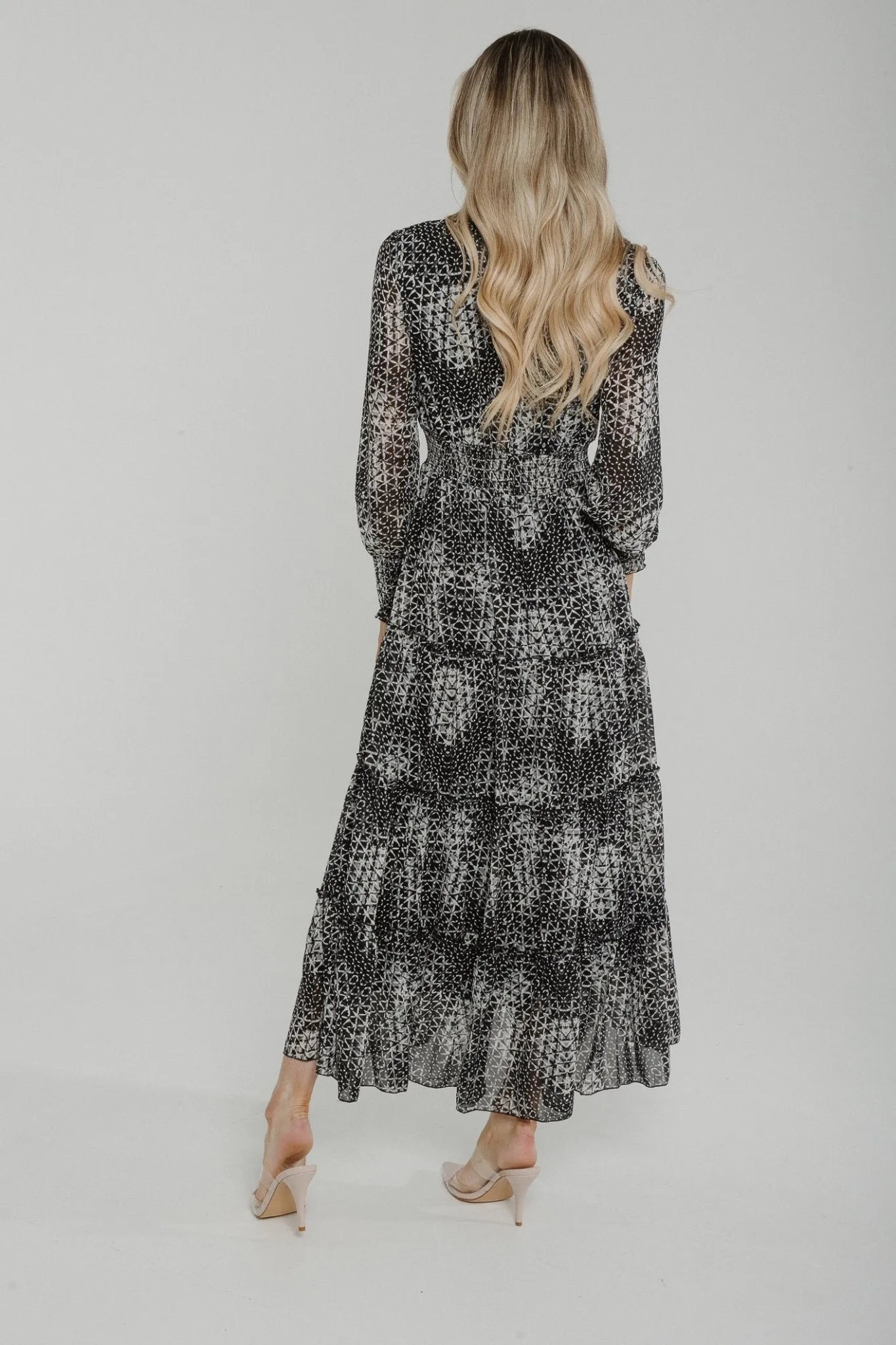 Lydia Tiered Midi Dress In Black Print