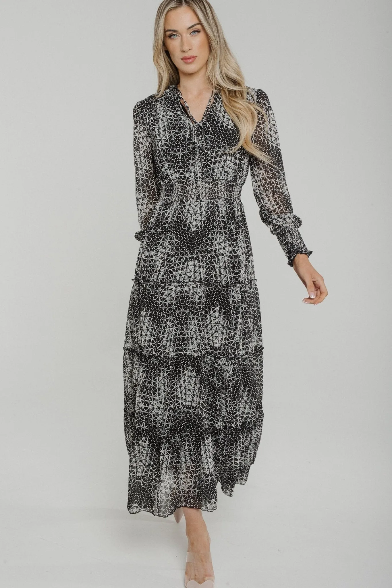 Lydia Tiered Midi Dress In Black Print