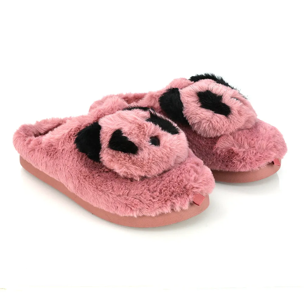 Maddie Fluffy Faux Fur Closed Toe Slip on Flat Panda Slipper Slides in Pink