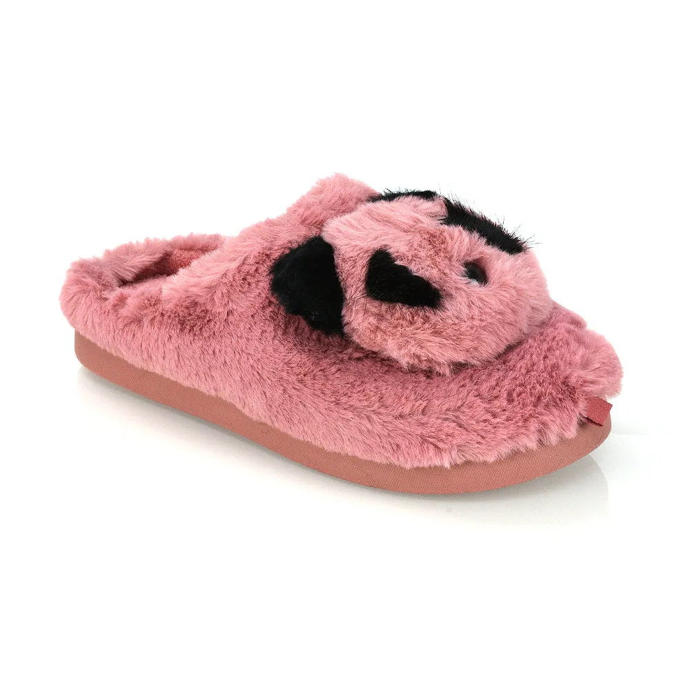 Maddie Fluffy Faux Fur Closed Toe Slip on Flat Panda Slipper Slides in Pink