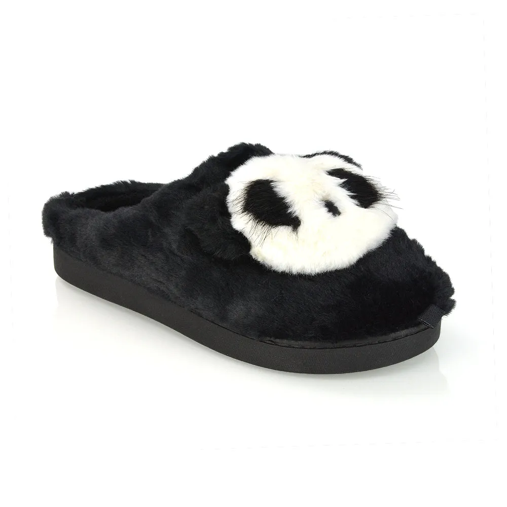 Maddie Fluffy Faux Fur Closed Toe Slip on Flat Panda Slipper Slides in Pink