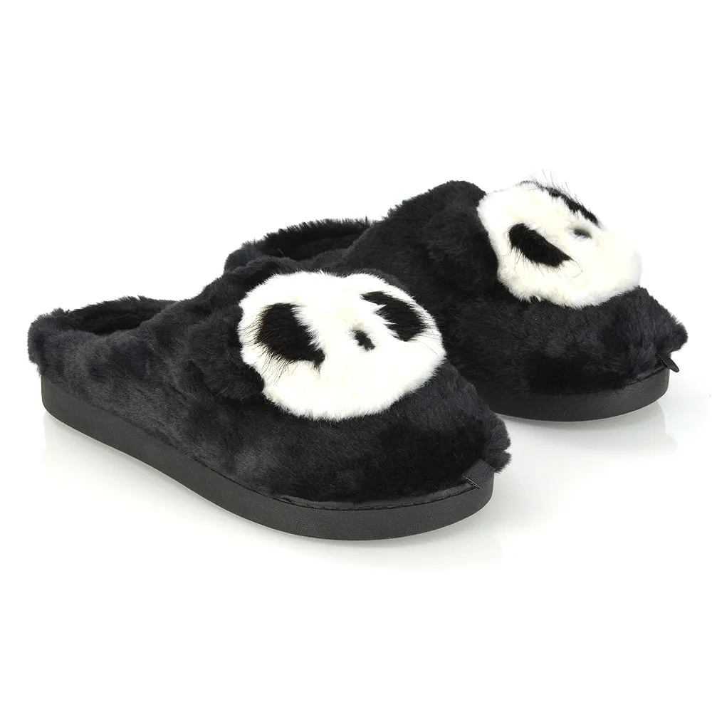 Maddie Fluffy Faux Fur Closed Toe Slip on Flat Panda Slipper Slides in Pink