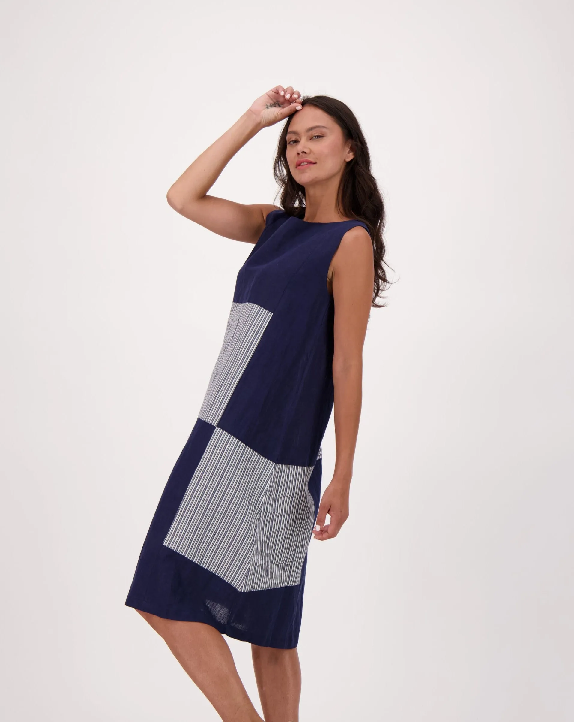 Madras Linen Blend Indigo Casual Midi Dress