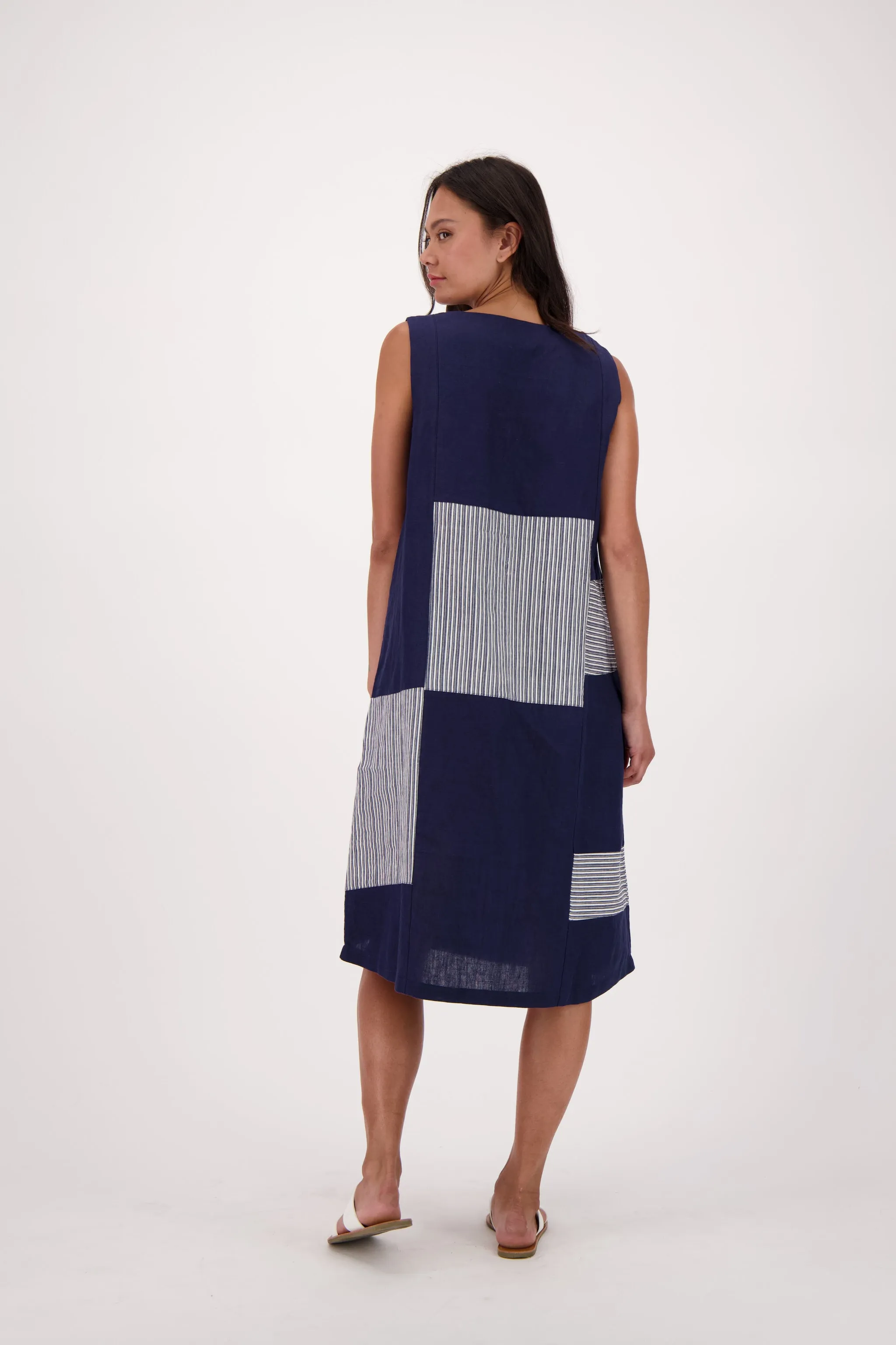 Madras Linen Blend Indigo Casual Midi Dress