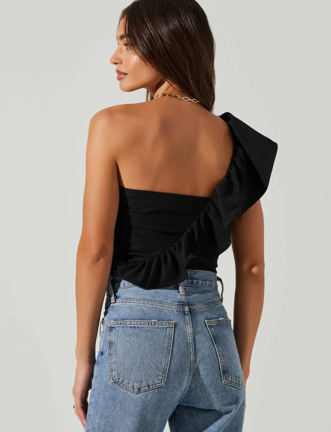 Malena One Shoulder Ruffle Bodysuit, Black