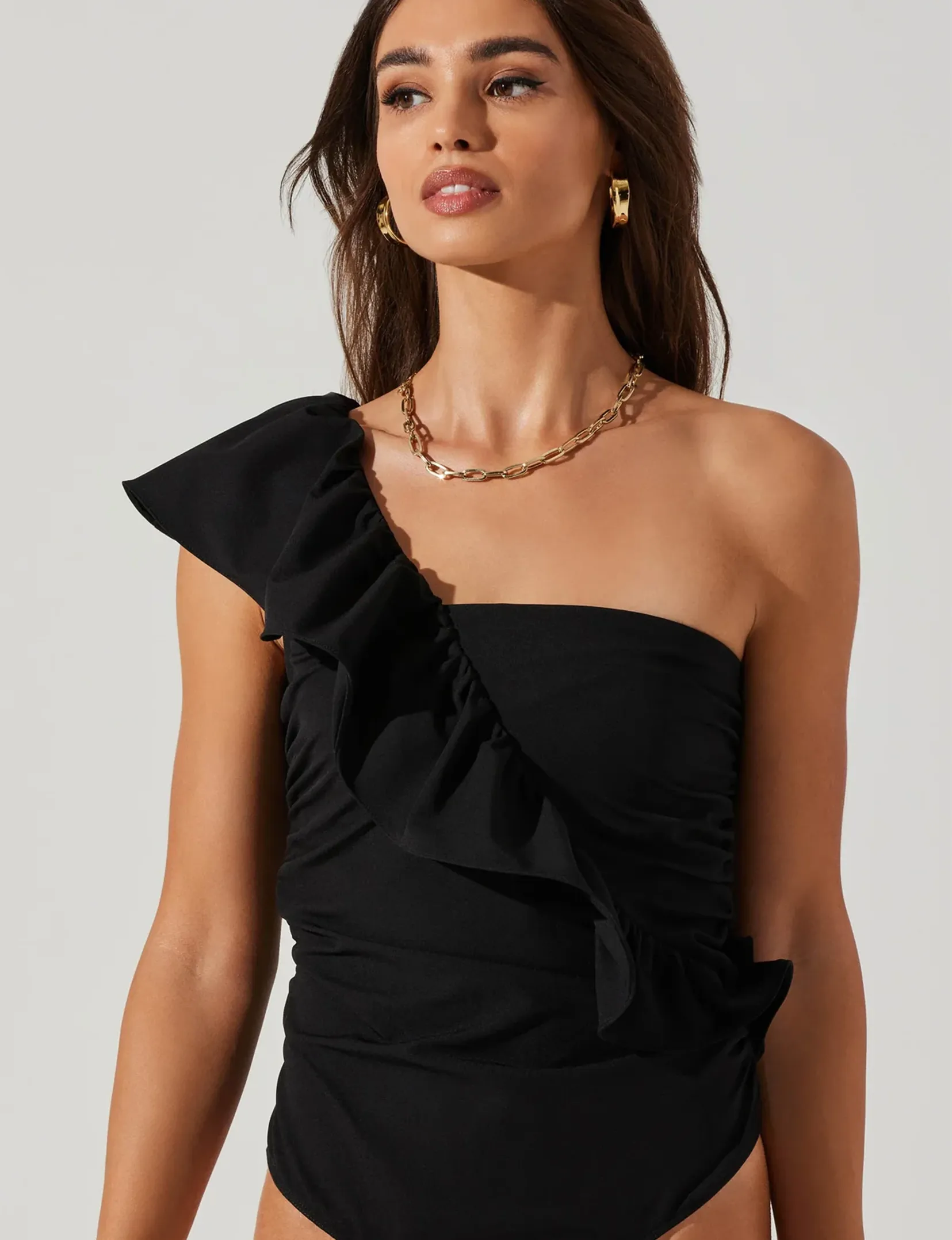 Malena One Shoulder Ruffle Bodysuit, Black