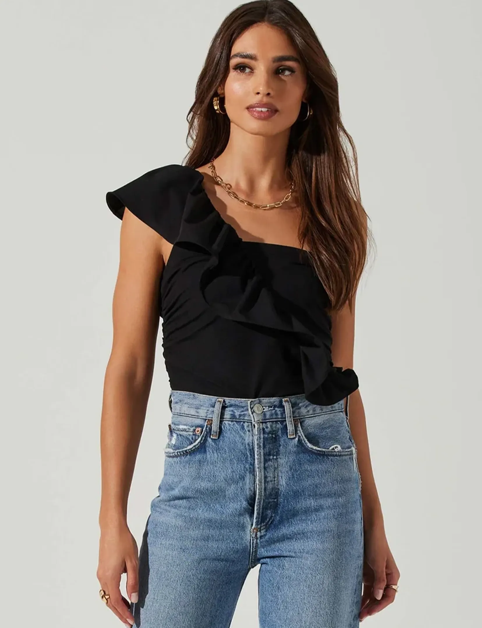 Malena One Shoulder Ruffle Bodysuit, Black