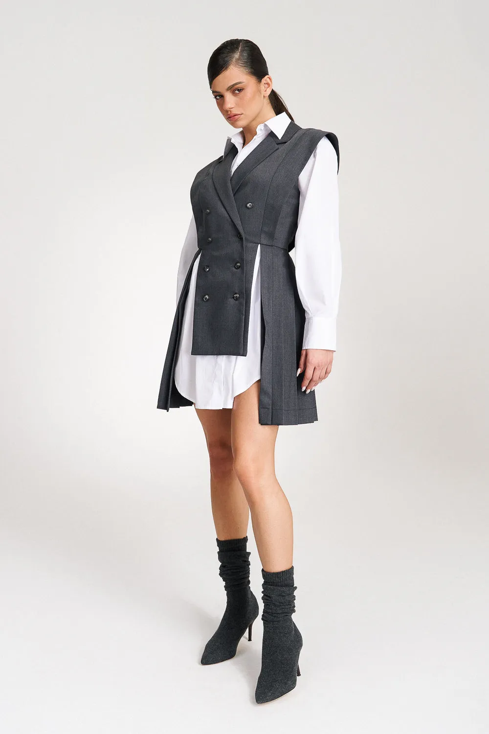 ‘Marbella’ Grey Pleated Vest Shirt Suit Dress