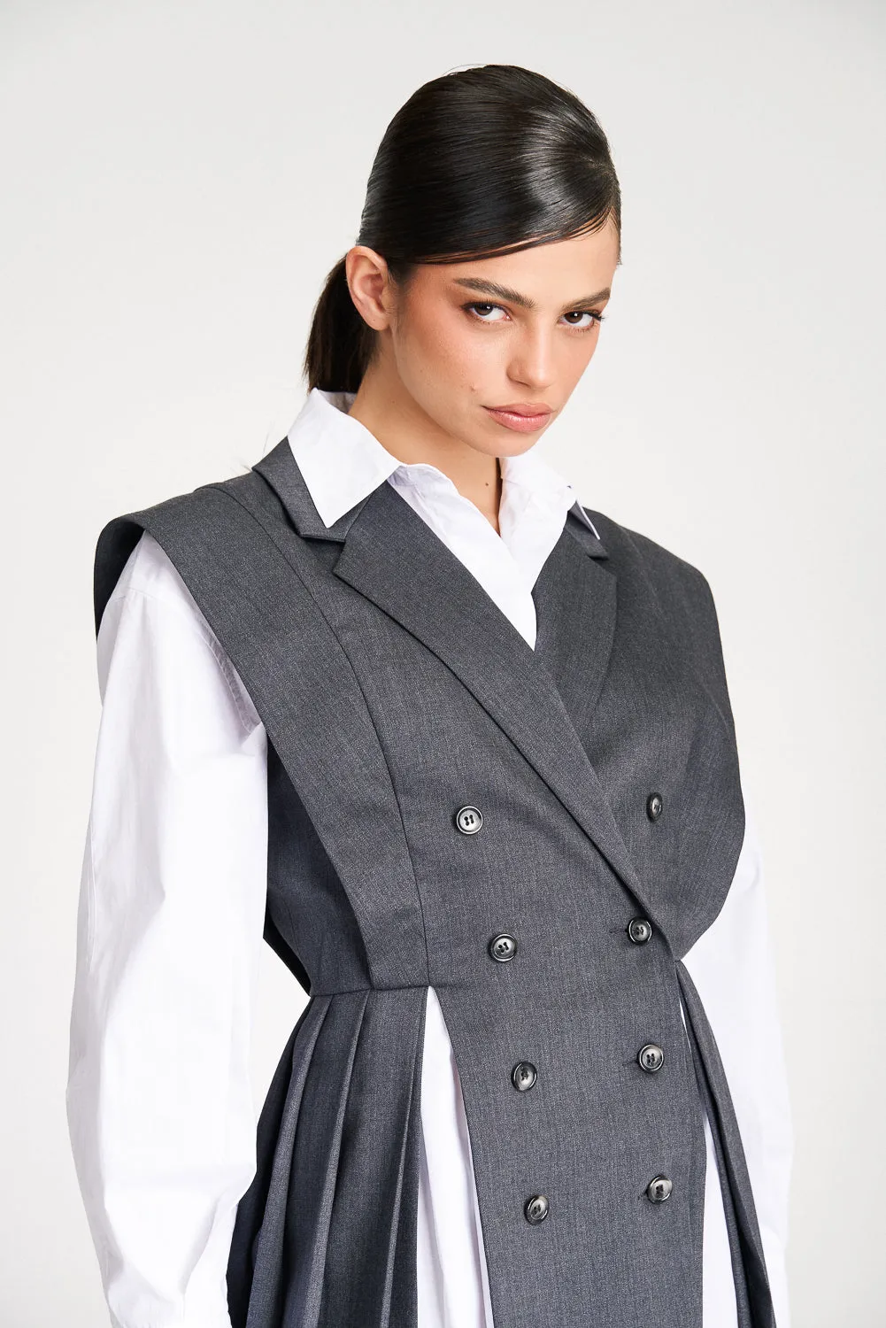 ‘Marbella’ Grey Pleated Vest Shirt Suit Dress