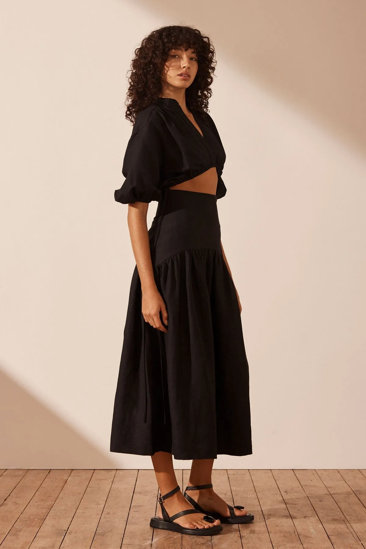 MARE LINEN DECONSTRUCTED MIDI DRESS - BLACK