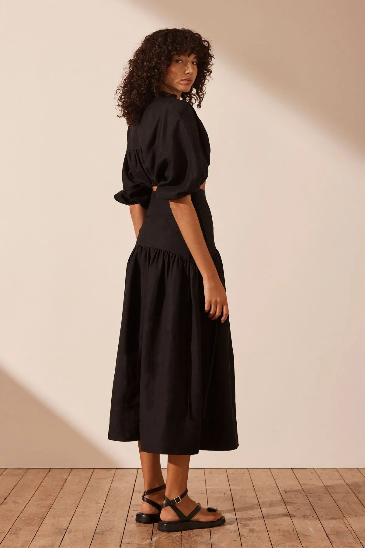 MARE LINEN DECONSTRUCTED MIDI DRESS - BLACK