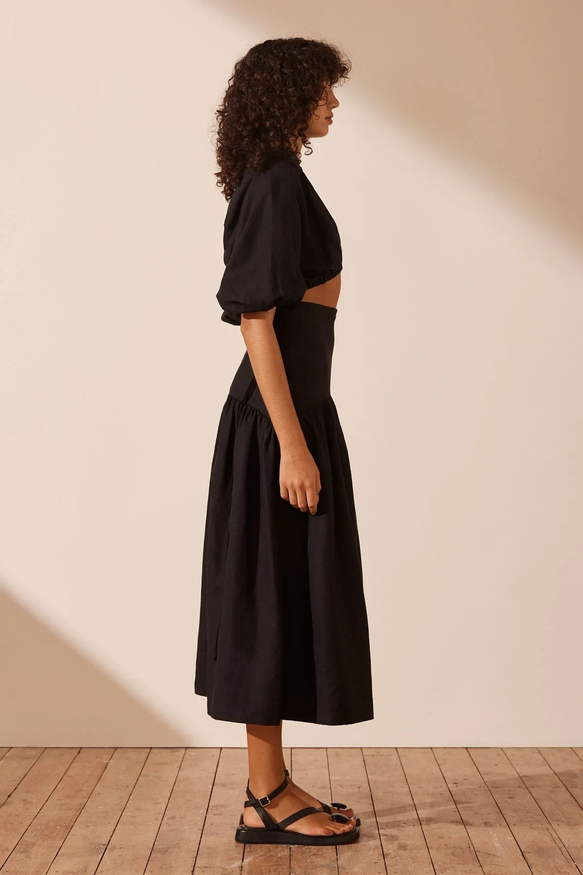 MARE LINEN DECONSTRUCTED MIDI DRESS - BLACK