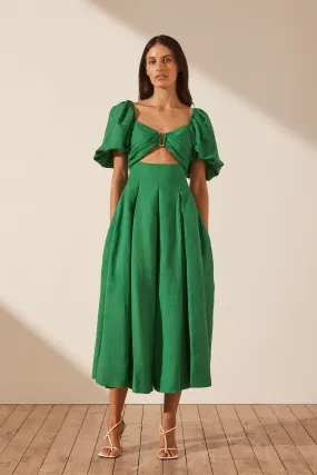 MARE LINEN SHORT SLEEVE CUT OUT MIDI DRESS - TREE GREEN