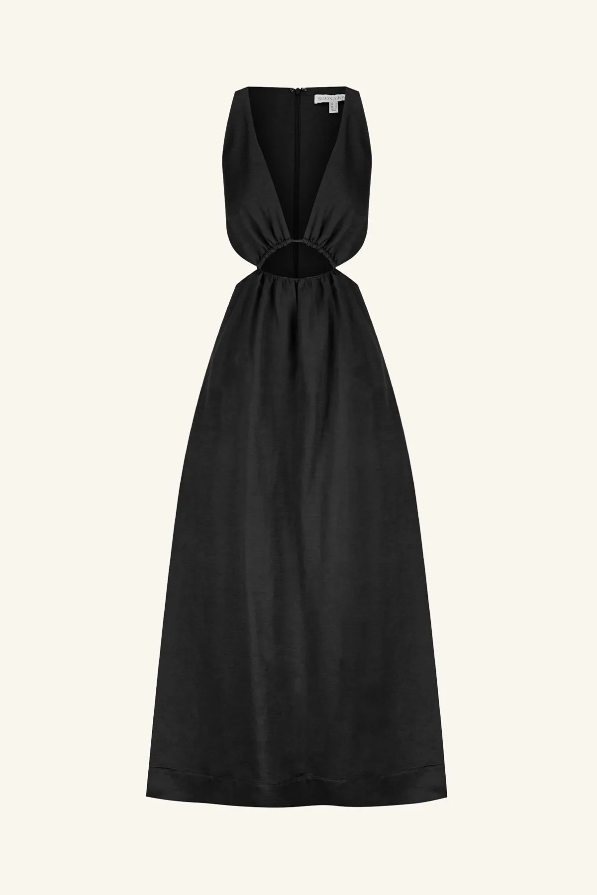 MARE LINEN V NECK CUT OUT MIDI DRESS - BLACK