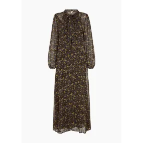 Margot Ruffle Neck Aster Print Maxi Dress In Brown