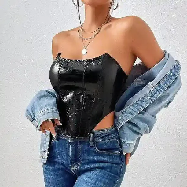 Mariah Off Shoulder PU Leather Corset Top