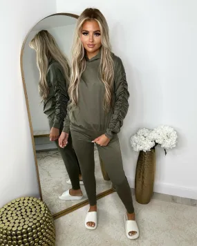 Martina Ruched Sleeve Hoodie & Pants Set - Khaki