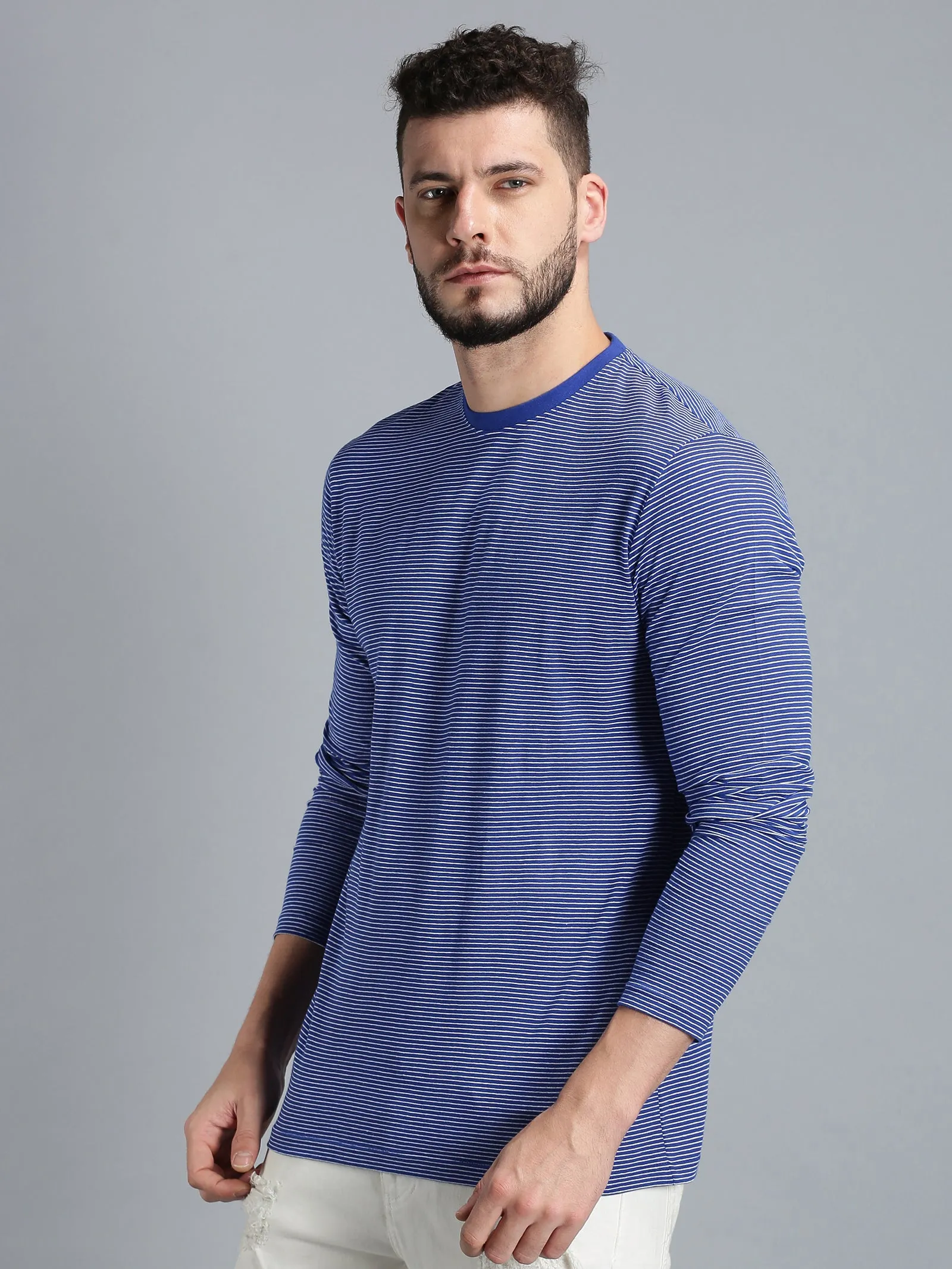 Men Blue White Yarn Dyed Stripes Round Neck Recycled Cotton Full Sleeve Regular Fit Casual T-Shirt