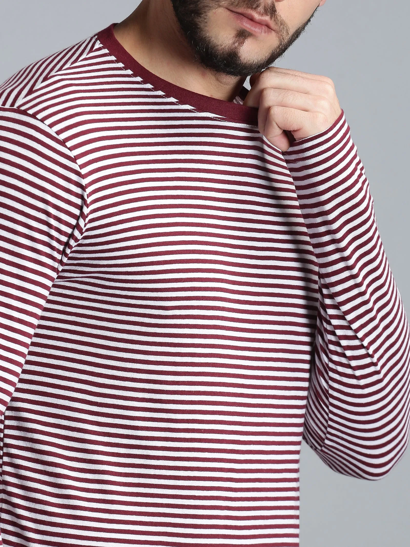 Men Maroon White Yarn Dyed Stripes Round Neck Recycled Cotton Full Sleeve Regular Fit Casual T-Shirt