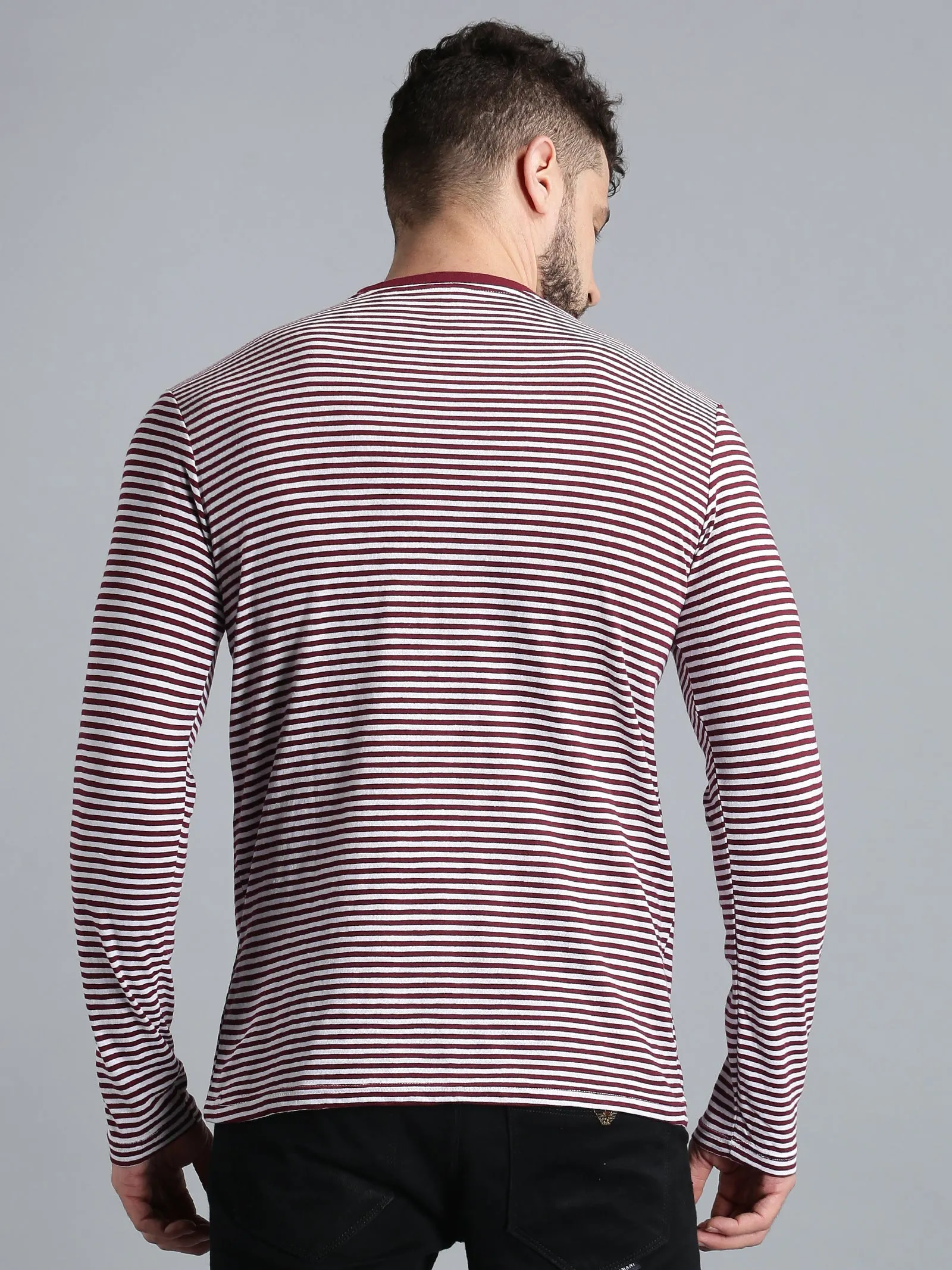 Men Maroon White Yarn Dyed Stripes Round Neck Recycled Cotton Full Sleeve Regular Fit Casual T-Shirt