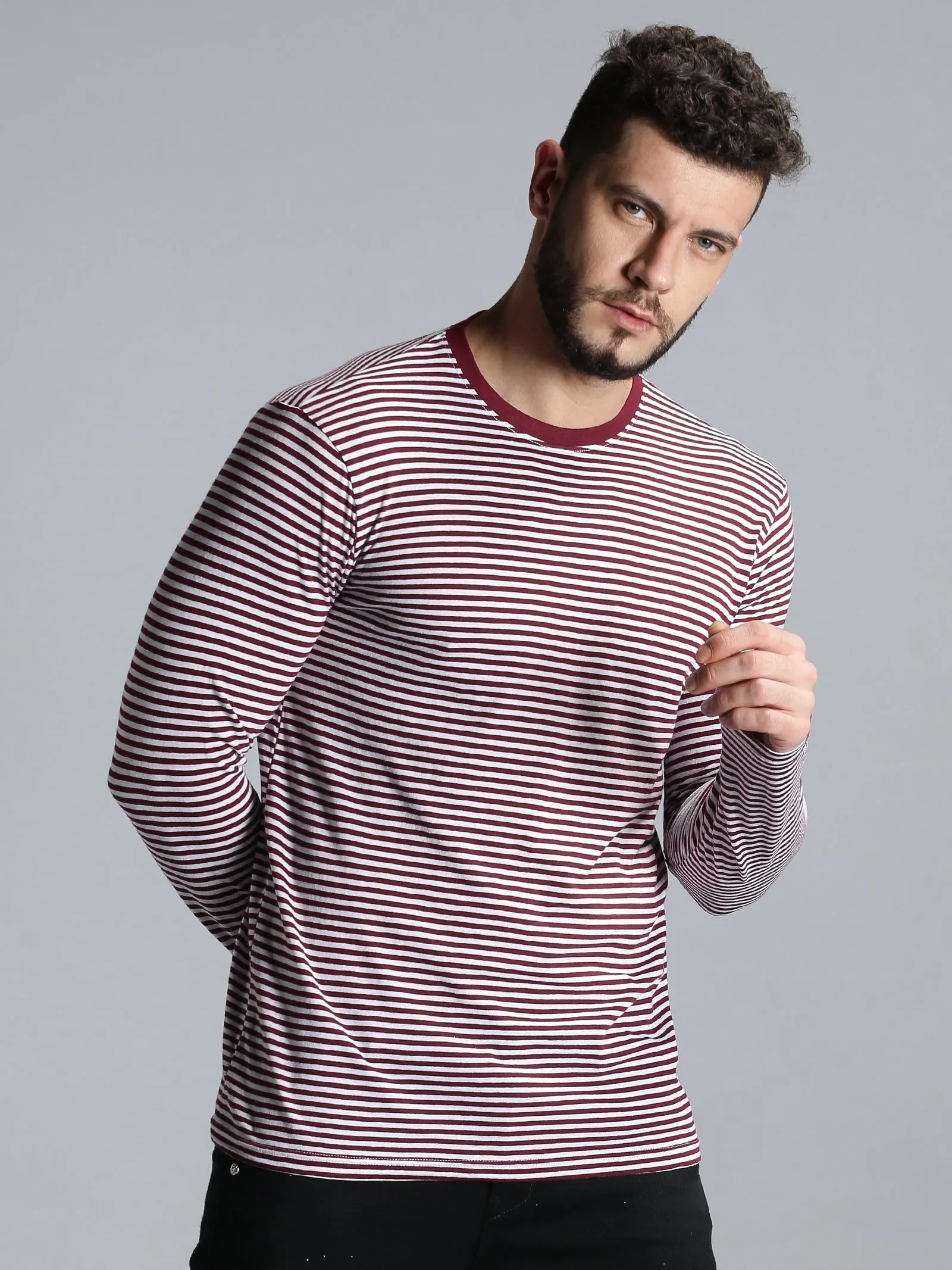 Men Maroon White Yarn Dyed Stripes Round Neck Recycled Cotton Full Sleeve Regular Fit Casual T-Shirt