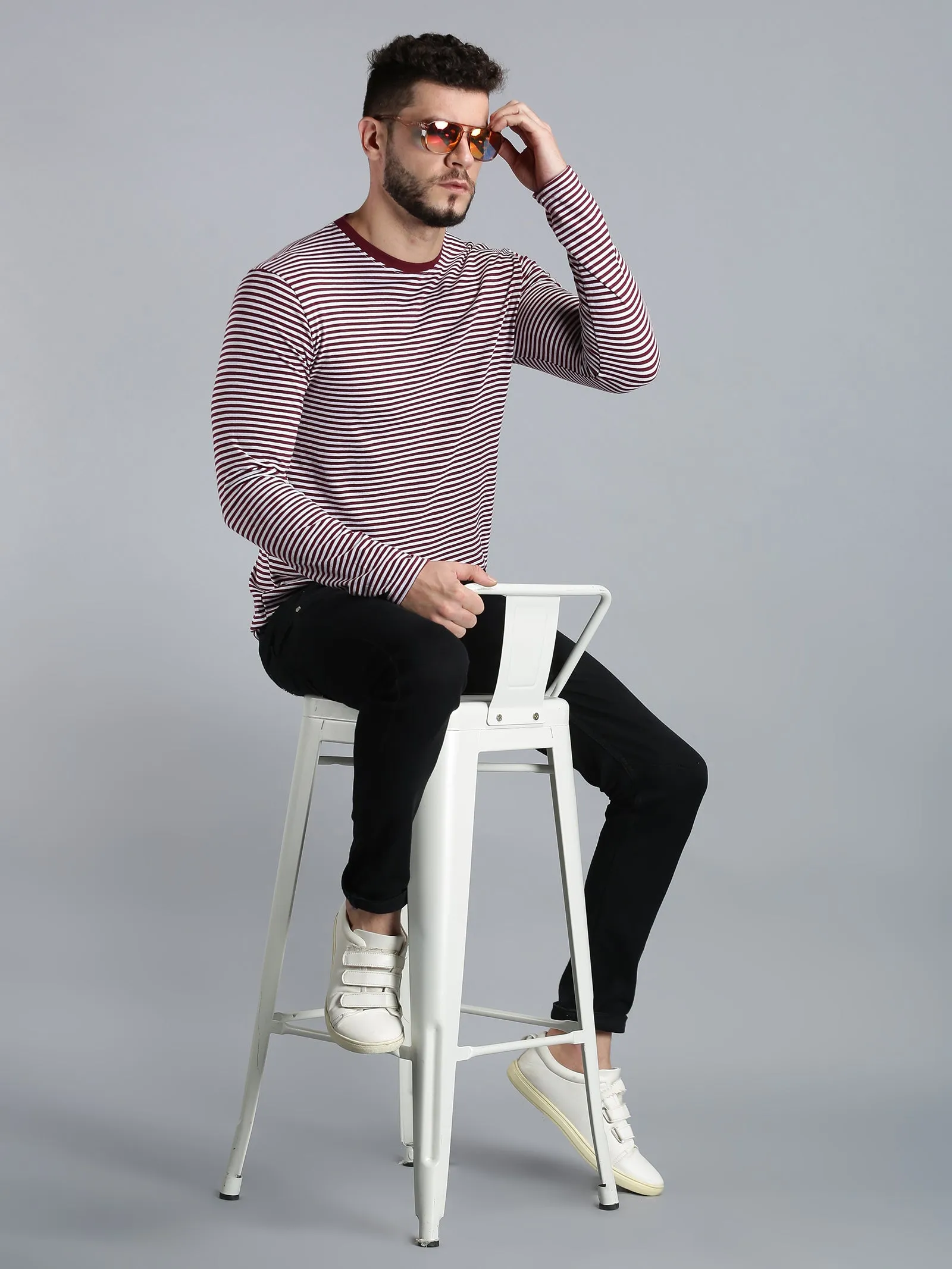 Men Maroon White Yarn Dyed Stripes Round Neck Recycled Cotton Full Sleeve Regular Fit Casual T-Shirt