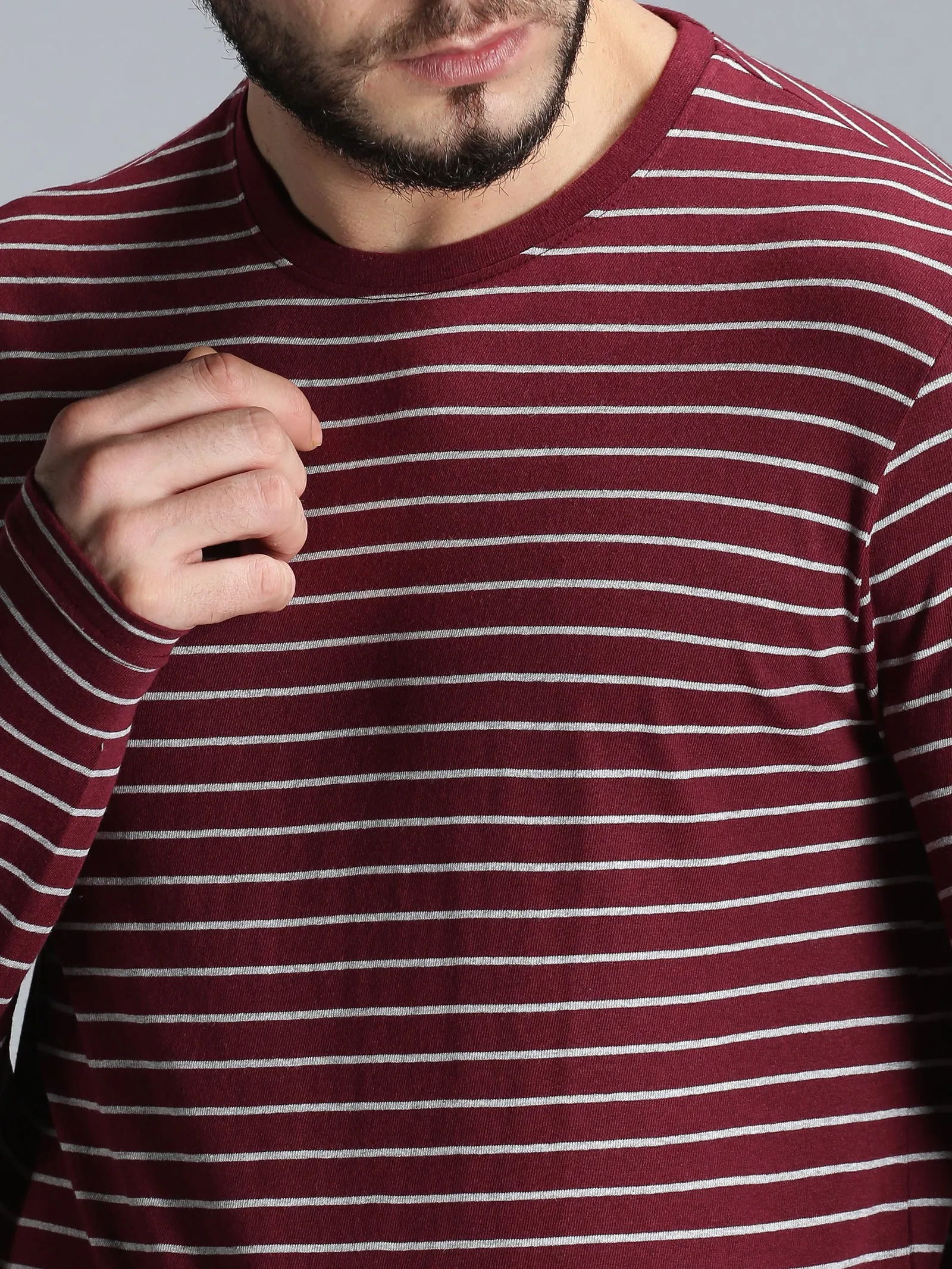 Men Maroon Yarn Dyed Stripes Round Neck Recycled Cotton Full Sleeve Regular Fit Casual T-Shirt