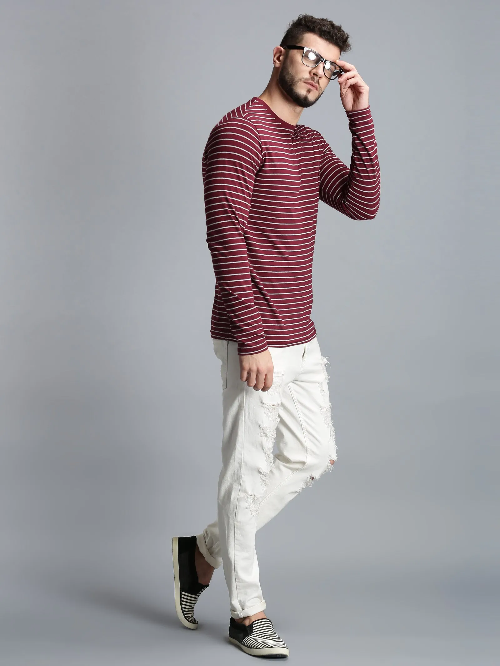 Men Maroon Yarn Dyed Stripes Round Neck Recycled Cotton Full Sleeve Regular Fit Casual T-Shirt