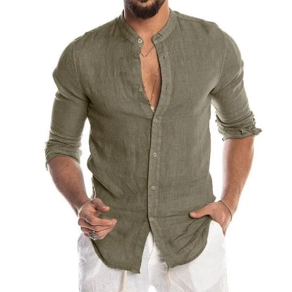 Men Stand Neck Linen Cardigan Shirt