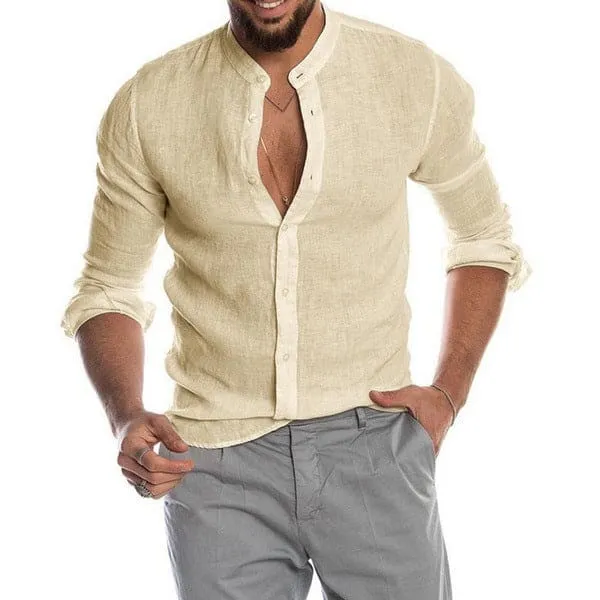 Men Stand Neck Linen Cardigan Shirt