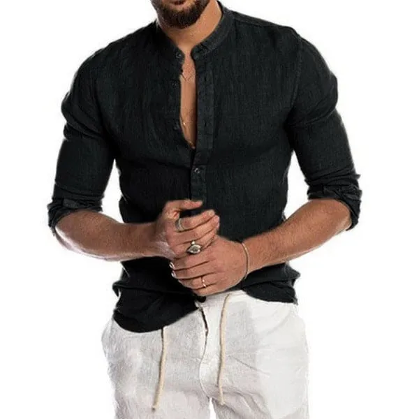 Men Stand Neck Linen Cardigan Shirt