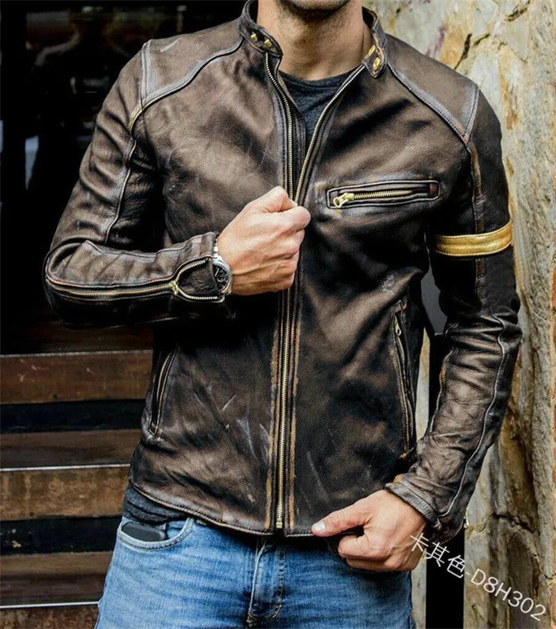 Men Vintage Stand Collar Zipper Riding Cardigan Jacket Motorcycle Casual Leather Jacket | D8H302