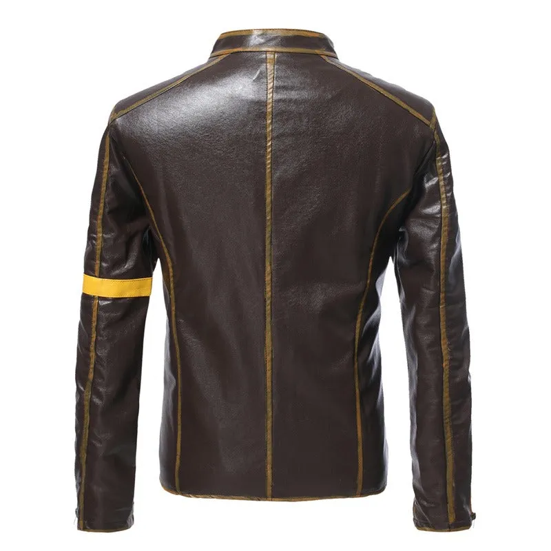 Men Vintage Stand Collar Zipper Riding Cardigan Jacket Motorcycle Casual Leather Jacket | D8H302