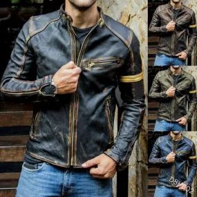 Men Vintage Stand Collar Zipper Riding Cardigan Jacket Motorcycle Casual Leather Jacket | D8H302