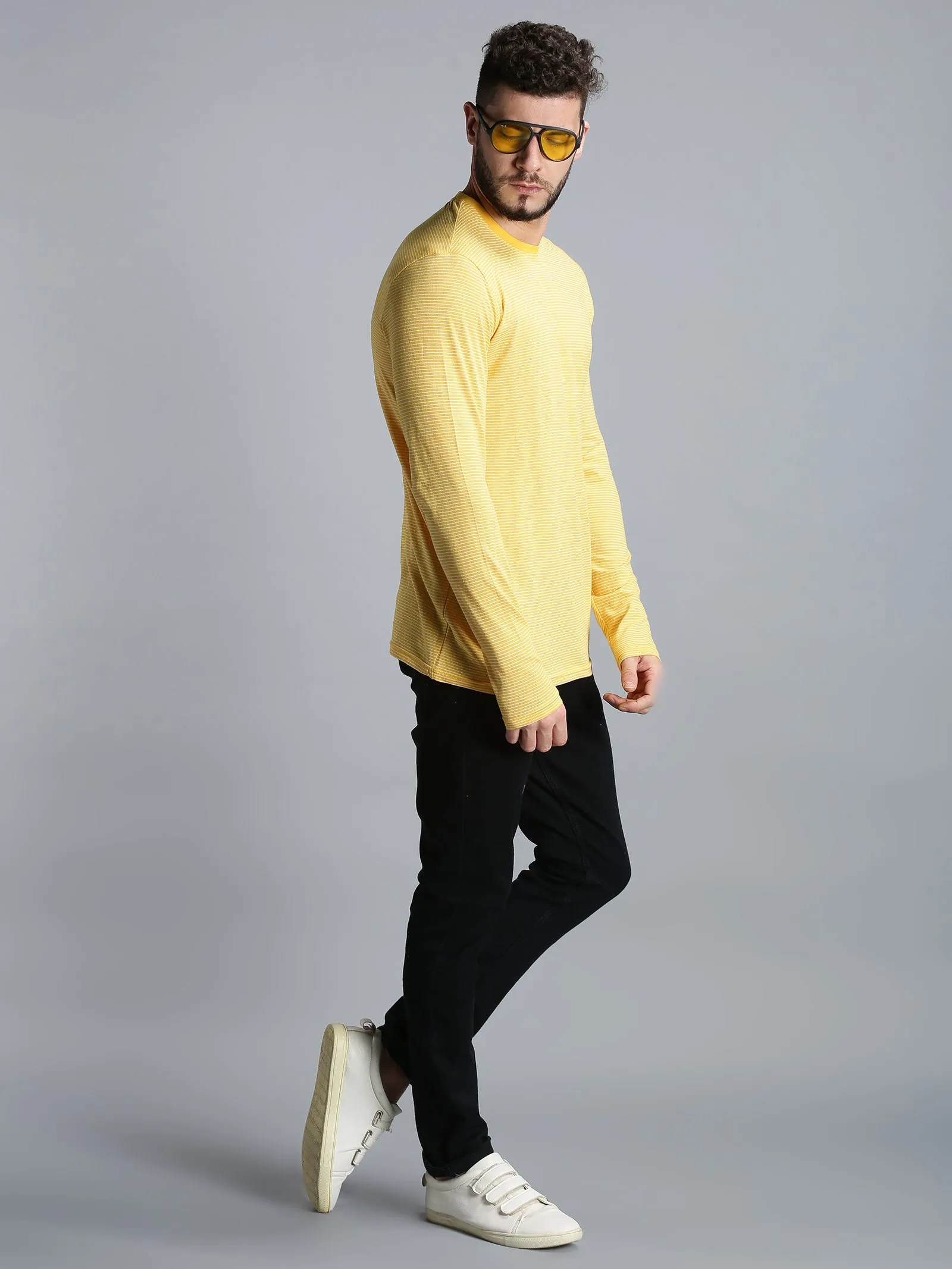 Men Yellow White Yarn Dyed Stripes Round Neck Recycled Cotton Full Sleeve Regular Fit Casual T-Shirt