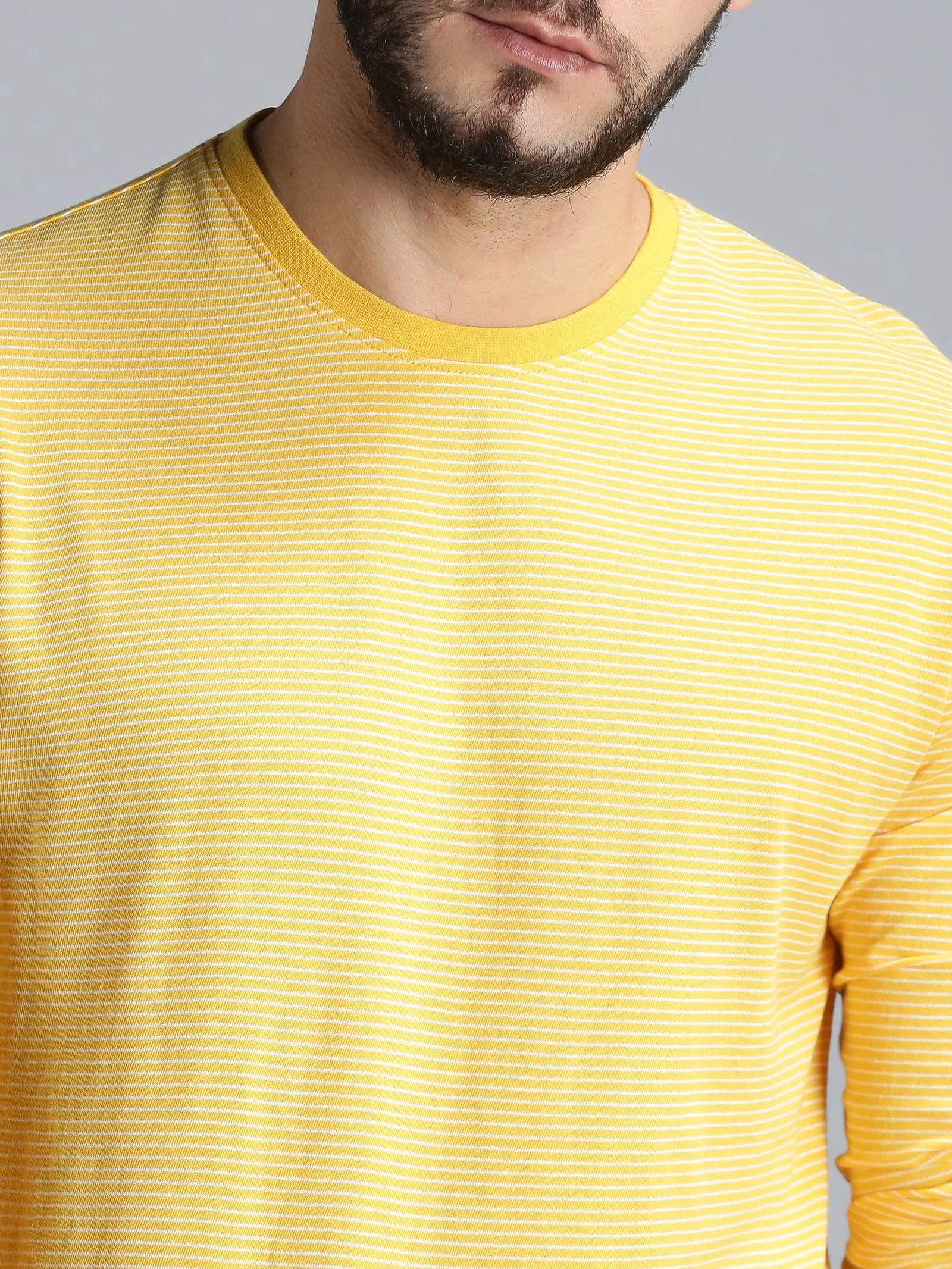 Men Yellow White Yarn Dyed Stripes Round Neck Recycled Cotton Full Sleeve Regular Fit Casual T-Shirt